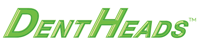 Dent Heads logo in green italic font